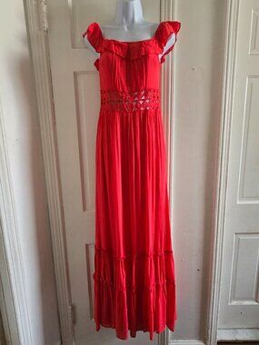 Coral-orange tiered boho maxi dress